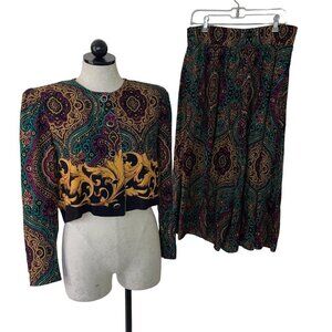 Jessica Howard Vintage Puff Sleeves Jacket Palazzo Pant Set Size 8 Jewel Tones